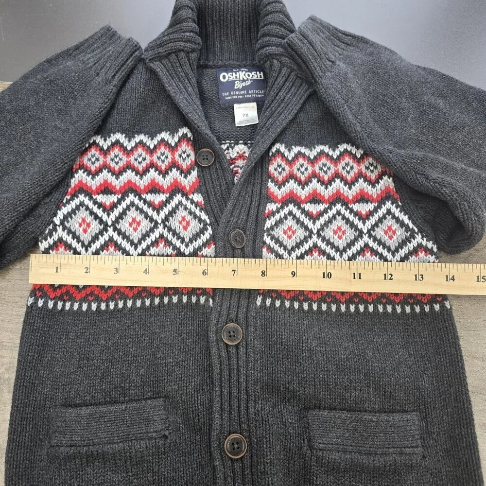 OshKosh B’gosh Fair Isle Cardigan Sweater Size 7X Thick Knit Nordic Gray Red